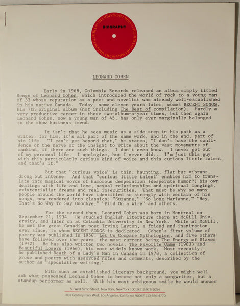 LEONARD COHEN RECENT SONGS  1ST PRESSING WITH BIO KIT